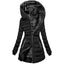 Hooded Warm Fleece Padded Jacket Mid-length Jacket Black Padded Jacket with a stylish hood and sleek silhouette.