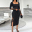 Women's Square Neck Lace Dress, Solid Color Bodycon Slit Hem Midi Dress