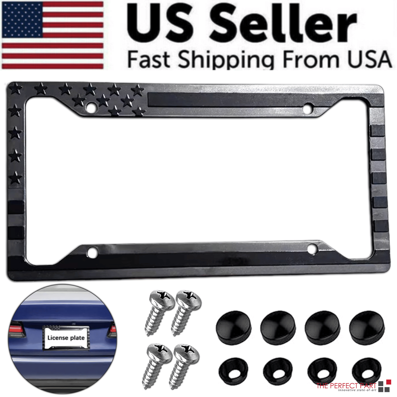 1X Black 3D USA American Flag License Plate Frame Holder Auto Car Tag Decal ABS Main image
