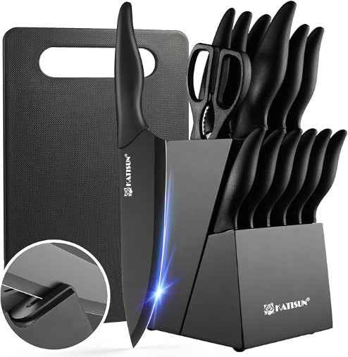16 Pieces Kitchen Knife Block Set With Cutting Board, German Stainless Steel Knife Set With Sharpener, Dishwasher Safe, Anti-Slip Handle, 6 Steak Knives, Black