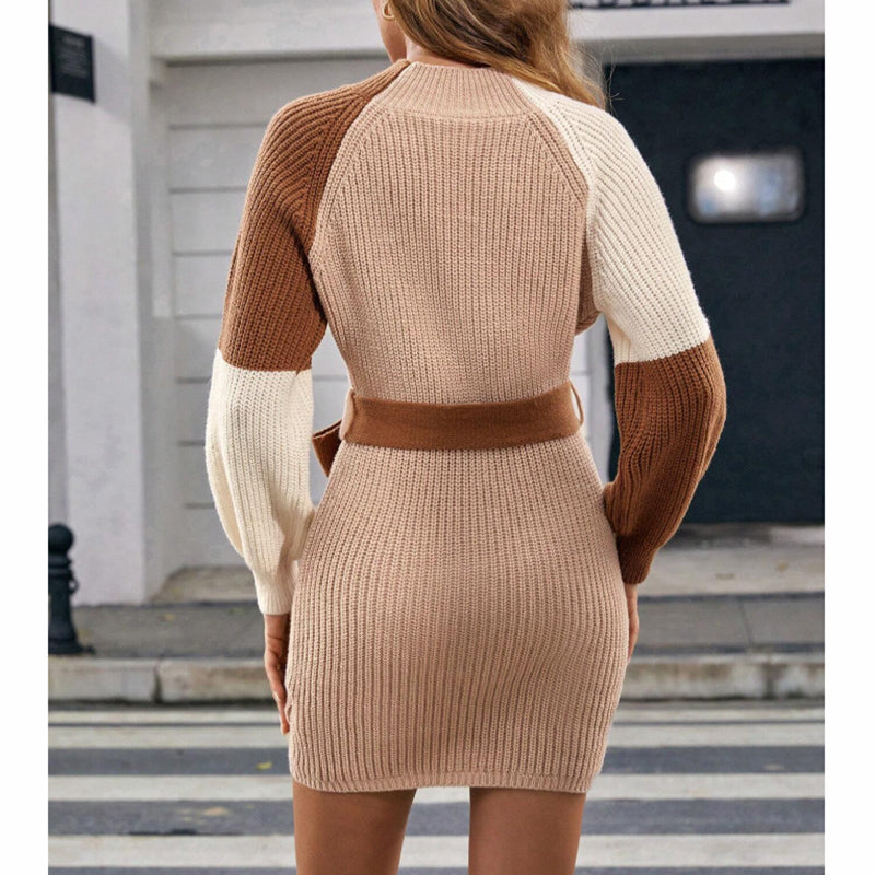 Women's Color Block Sweater Midi Dress - Fall Long Sleeve Bodycon Dress