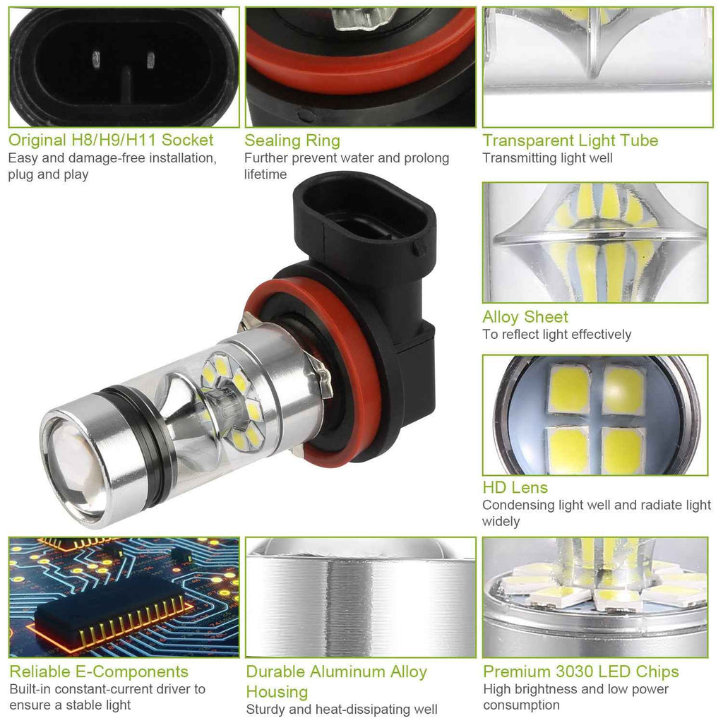 H8 H9 H11 LED Fog DRL Light Bulbs 6000K White (2PCS)