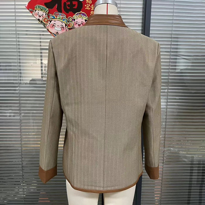 Women's Retro Elegant Jacket, Color-Block Button Front Coat With Stand Collar For Casual And Formal Wear - Back View