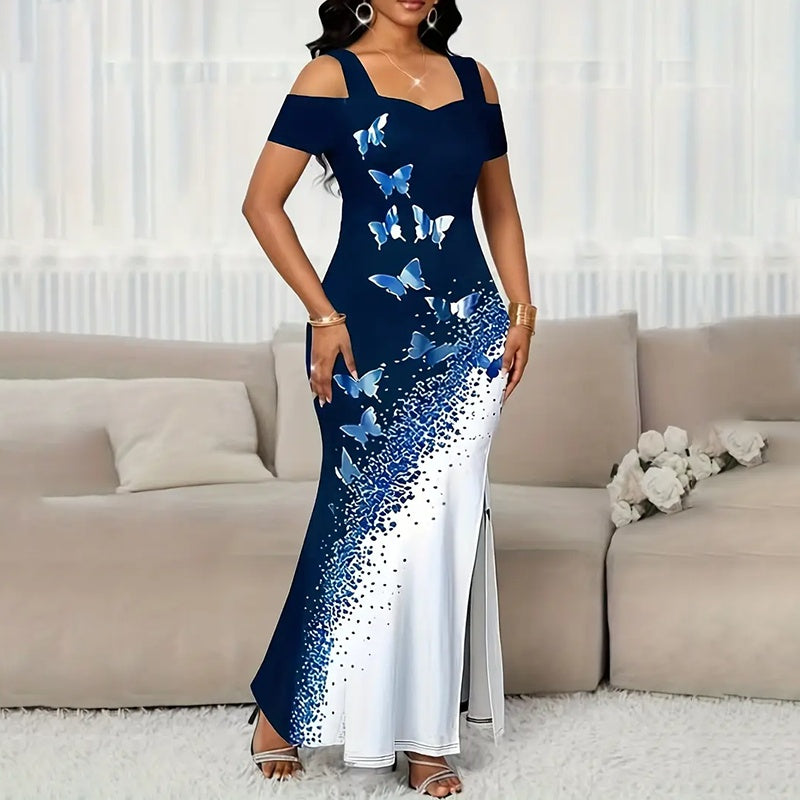 Women's Color-Block Butterfly Print Maxi Dress Off-Shoulder Gown Slit