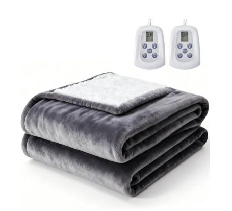 Edx Electric Heated Blanket, Dual Zone Control, 10 Heat Settings, Auto-Off, Flannel Sherpa Fabric with controllers.