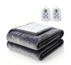 Edx Electric Heated Blanket, Dual Zone Control, 10 Heat Settings, Auto-Off, Flannel Sherpa Fabric with controllers.