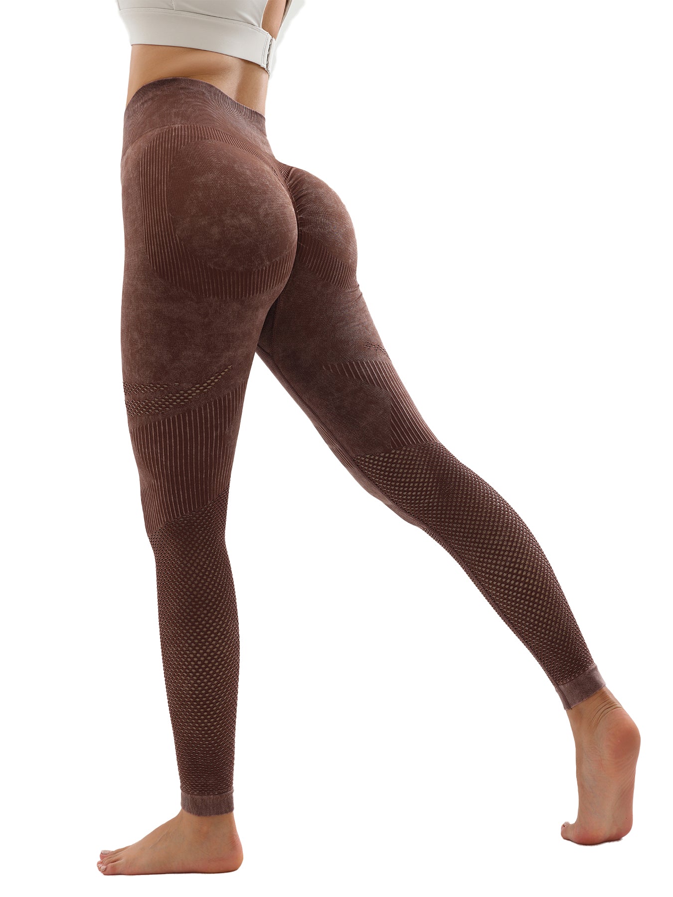 6 Pack Mesh Cut Out Leggings For Women Tights Breathable Workout Tummy Control Pants in brown color