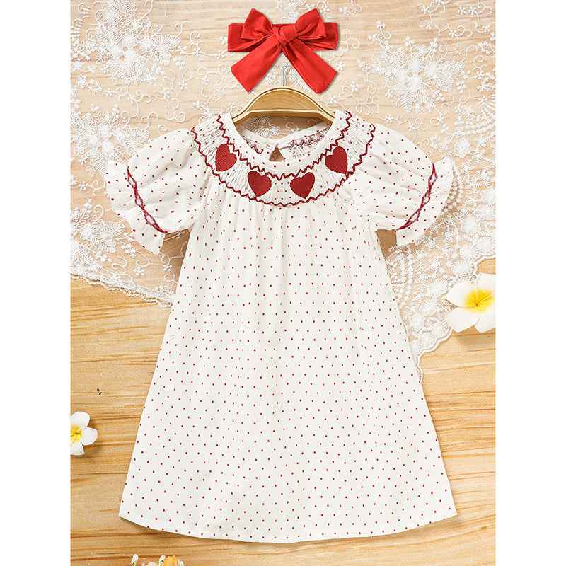 Baby Girl's Valentine's Day Dress Short Sleeve Red Heart Embroidery Dress With Headband Smocked Princess Party Dress