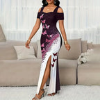 Women's Color-Block Butterfly Print Maxi Dress Off-Shoulder Gown Slit