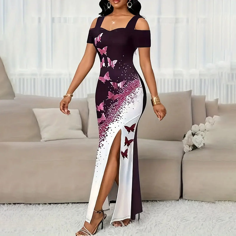 Women's Color-Block Butterfly Print Maxi Dress Off-Shoulder Gown Slit