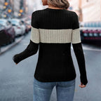 Women's Elegant Color-Block Round Neck Top - Basic Solid Color Contrast Casual Shirt For Fall&Winter worn from the back in a casual setting.