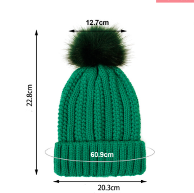 Winter Knitted Hats Fashion Stretchy Lined Skull Hats For Women Faux Fur Pom Pom Hat Keep Warming Beanie Hat in green color.