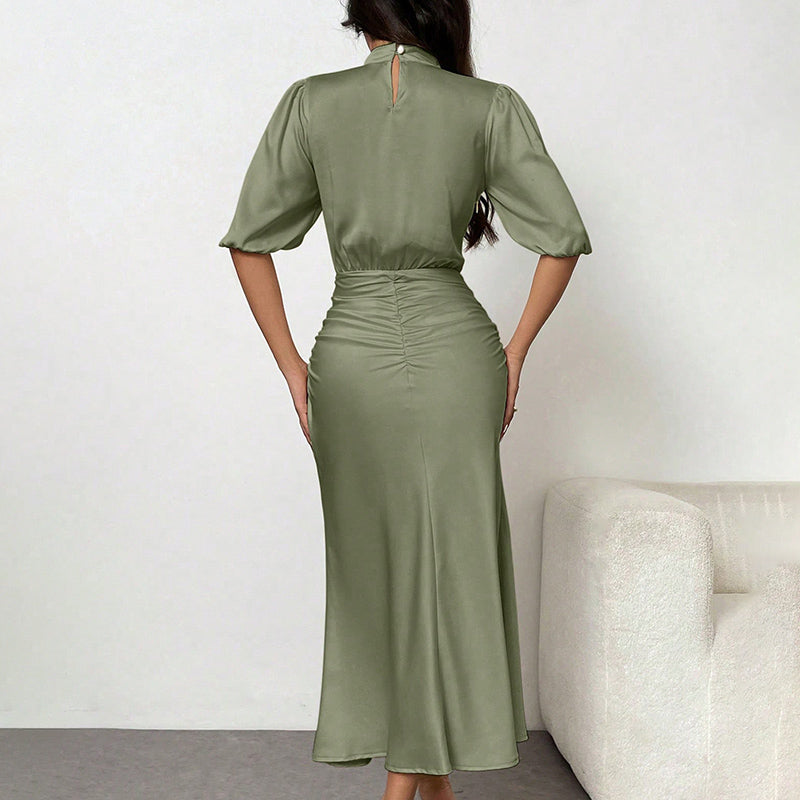 Women's Short Sleeve Ruched Midi Dress Slim Fit Elegant Party in olive green, showcasing the back and ruched design.