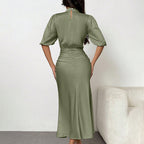 Women's Short Sleeve Ruched Midi Dress Slim Fit Elegant Party in olive green, showcasing the back and ruched design.