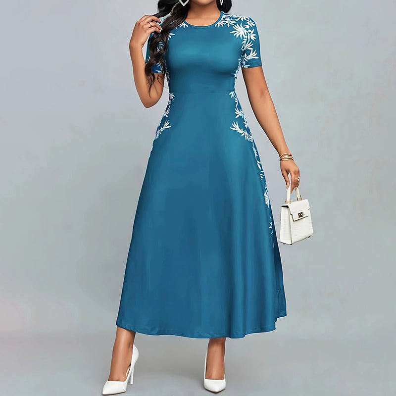 Women's Elegant Short Sleeve Maxi Dresses Casual Empire Waist Long Dress in teal with floral design and white heels.