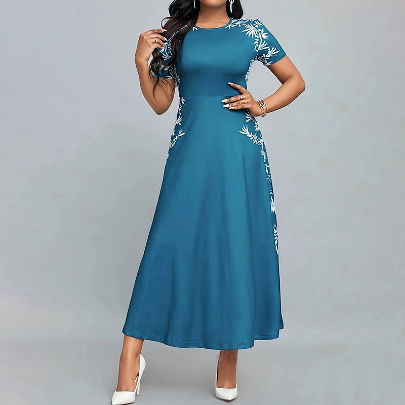 Women's Elegant Short Sleeve Maxi Dresses Casual Empire Waist Long Dress in blue with floral design.