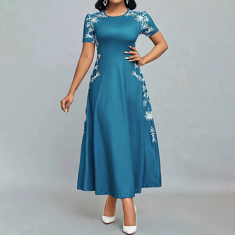 Women's Elegant Short Sleeve Maxi Dresses Casual Empire Waist Long Dress in teal with floral embroidery.