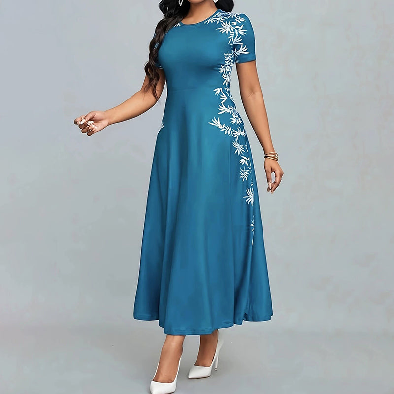 Women's Elegant Short Sleeve Maxi Dresses Casual Empire Waist Long Dress in teal with floral detail.