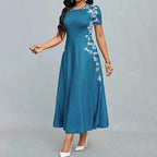 Women's Elegant Short Sleeve Maxi Dresses Casual Empire Waist Long Dress in teal with floral detail.