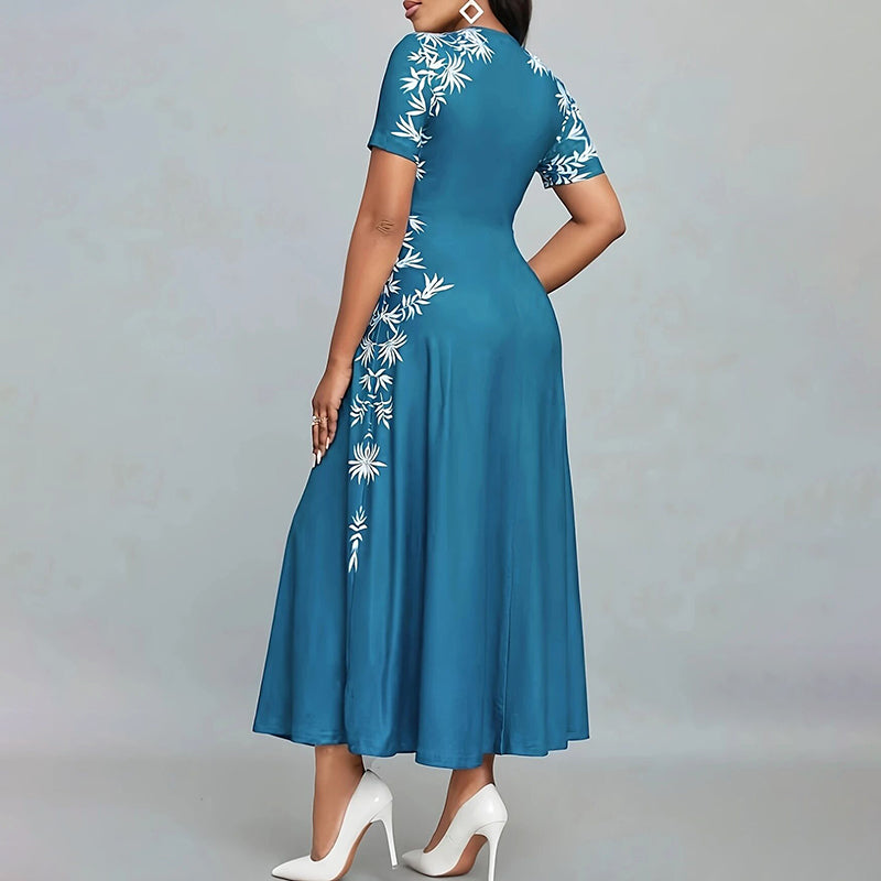 Women's Elegant Short Sleeve Maxi Dresses Casual Empire Waist Long Dress in teal with floral design, showing back view.