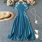 Women's Elegant Short Sleeve Maxi Dresses Casual Empire Waist Long Dress in teal with floral design.