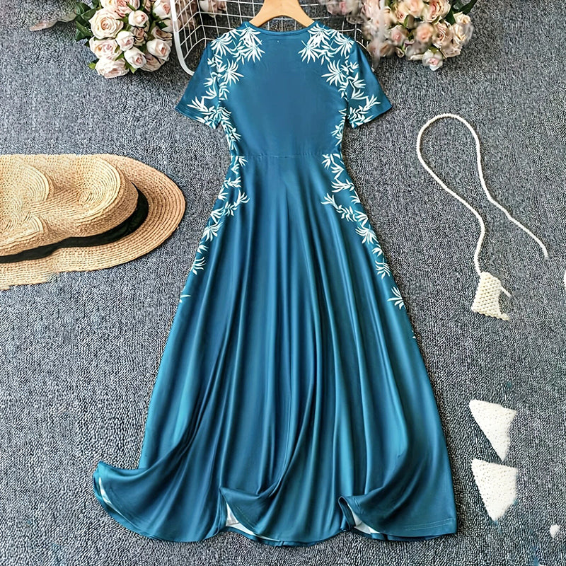 Women's Elegant Short Sleeve Maxi Dresses Casual Empire Waist Long Dress in teal with floral design.