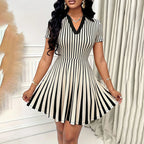 Women's Polo Dress Elegant Striped V Neck Short Sleeve A Line Dresses in black and cream, styled with playful movement.