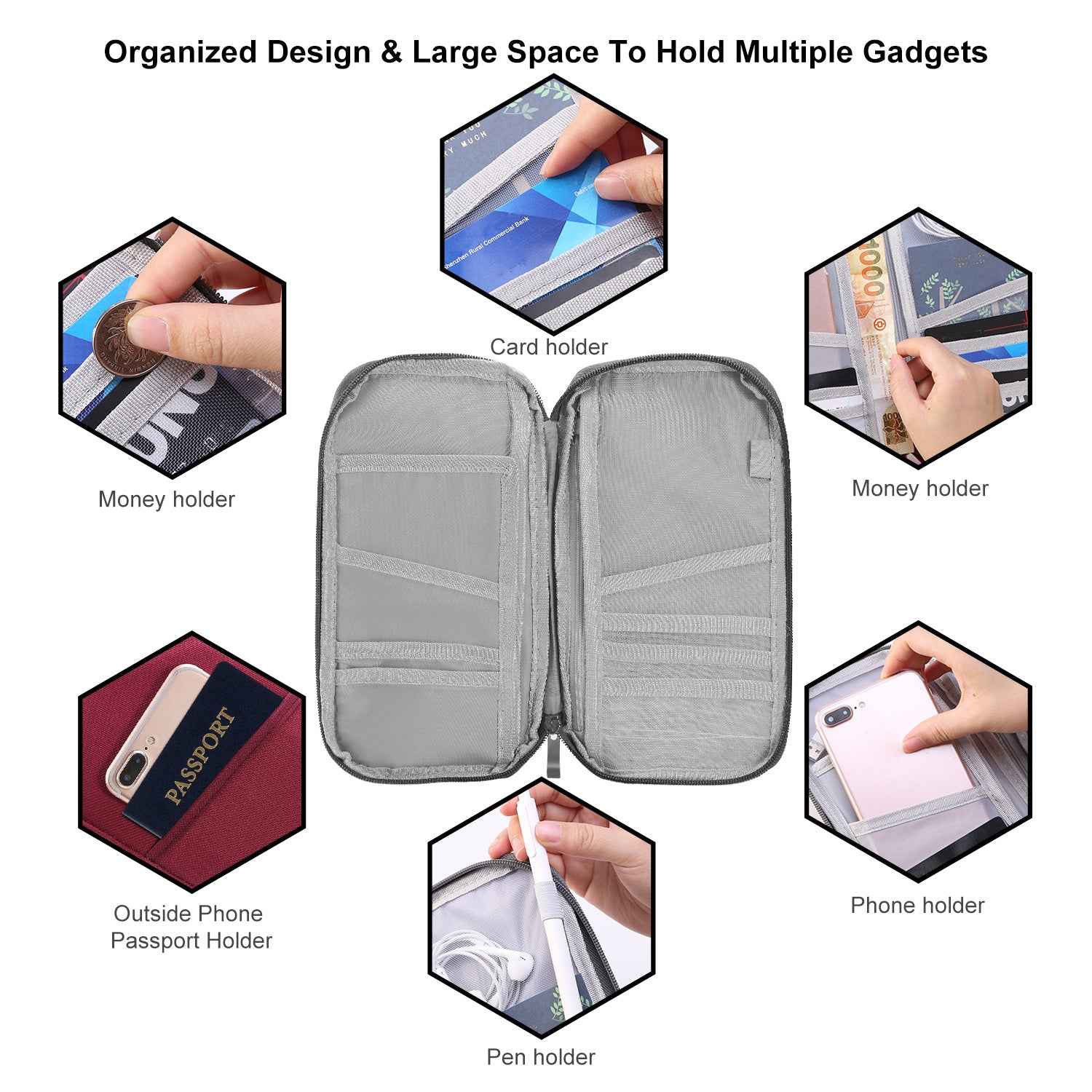 1Pc Travel Passport Wallet 12Cells Ticket ID Credit Card Holder Water Repellent Documents Phone Organizer Zipper Case Business Trip Daily Use