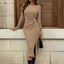 Women's Casual Twist Front Long Sleeve Midi Dress Round Neck Split Hem Bodycon Dresses in beige with side split.