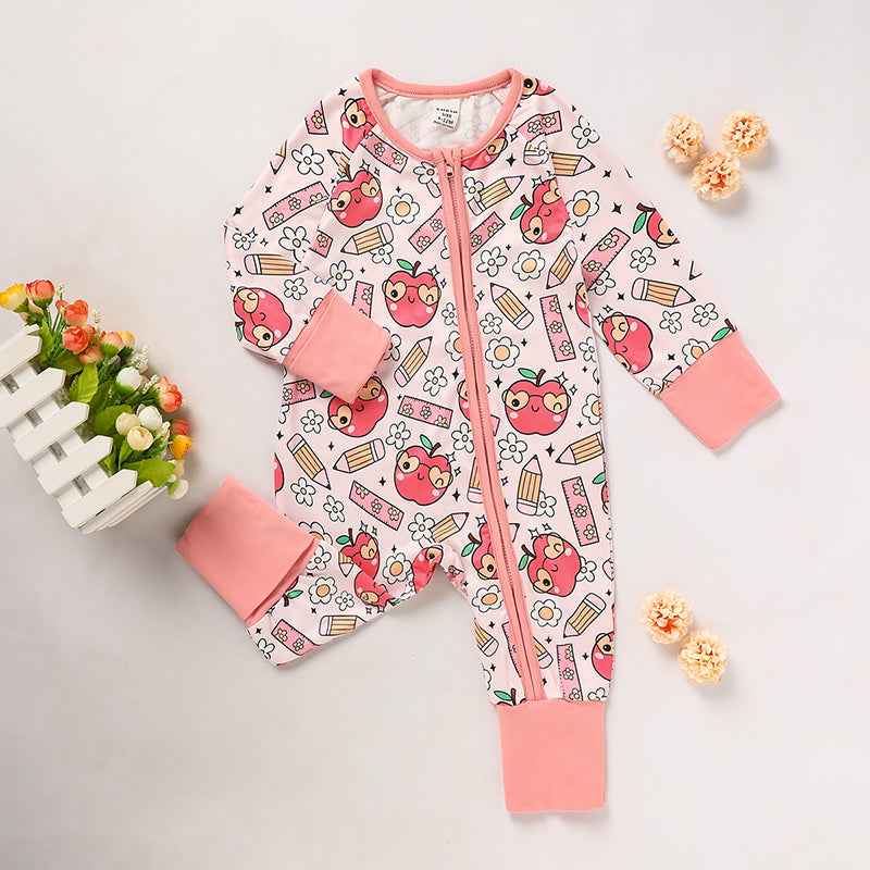 Adorable Infant Romper For Back To School Apple And Pencil Print Long Sleeve Jumpsuit Outfit Main image