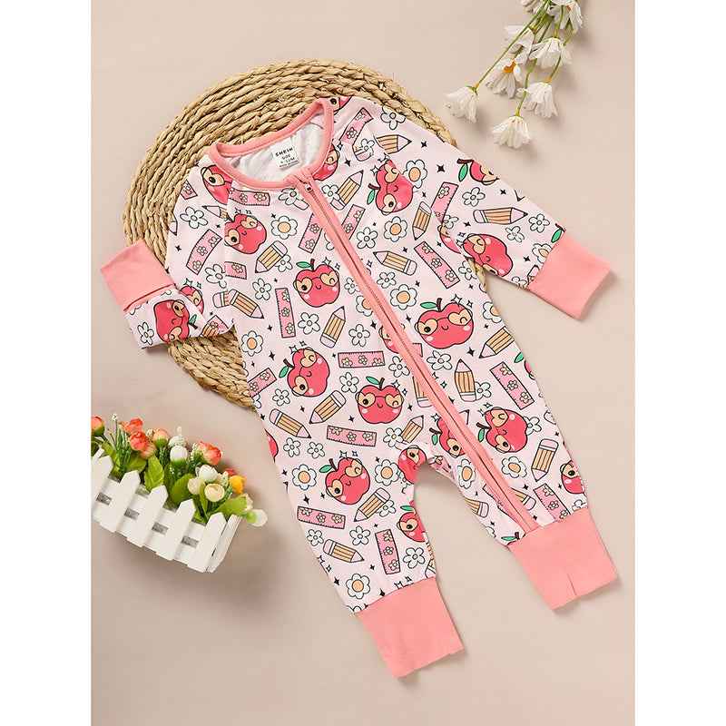 Adorable Infant Romper For Back To School Apple And Pencil Print Long Sleeve Jumpsuit Outfit