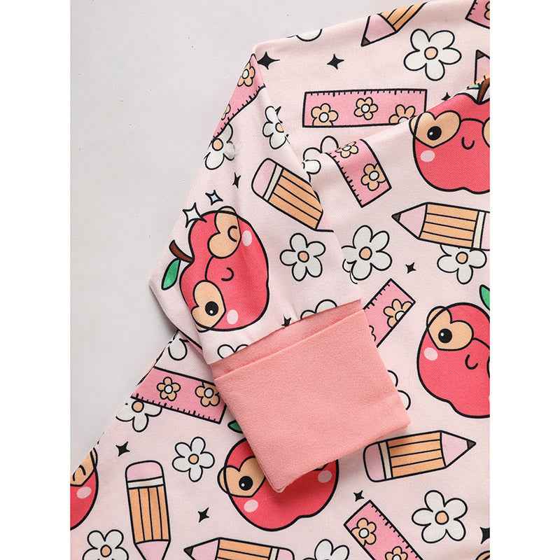 Adorable Infant Romper For Back To School Apple And Pencil Print Long Sleeve Jumpsuit Outfit