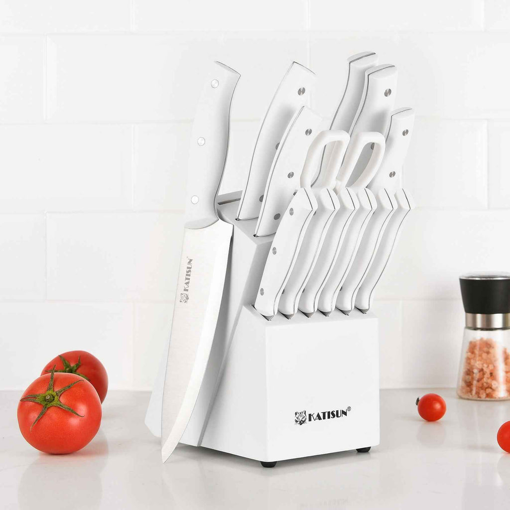 15 Pieces Of White Carbon Steel Blade Kitchen Knife Set, Equipped With A Genuine Wooden Frame, Internal Sharpener, And Kitchen Scissors