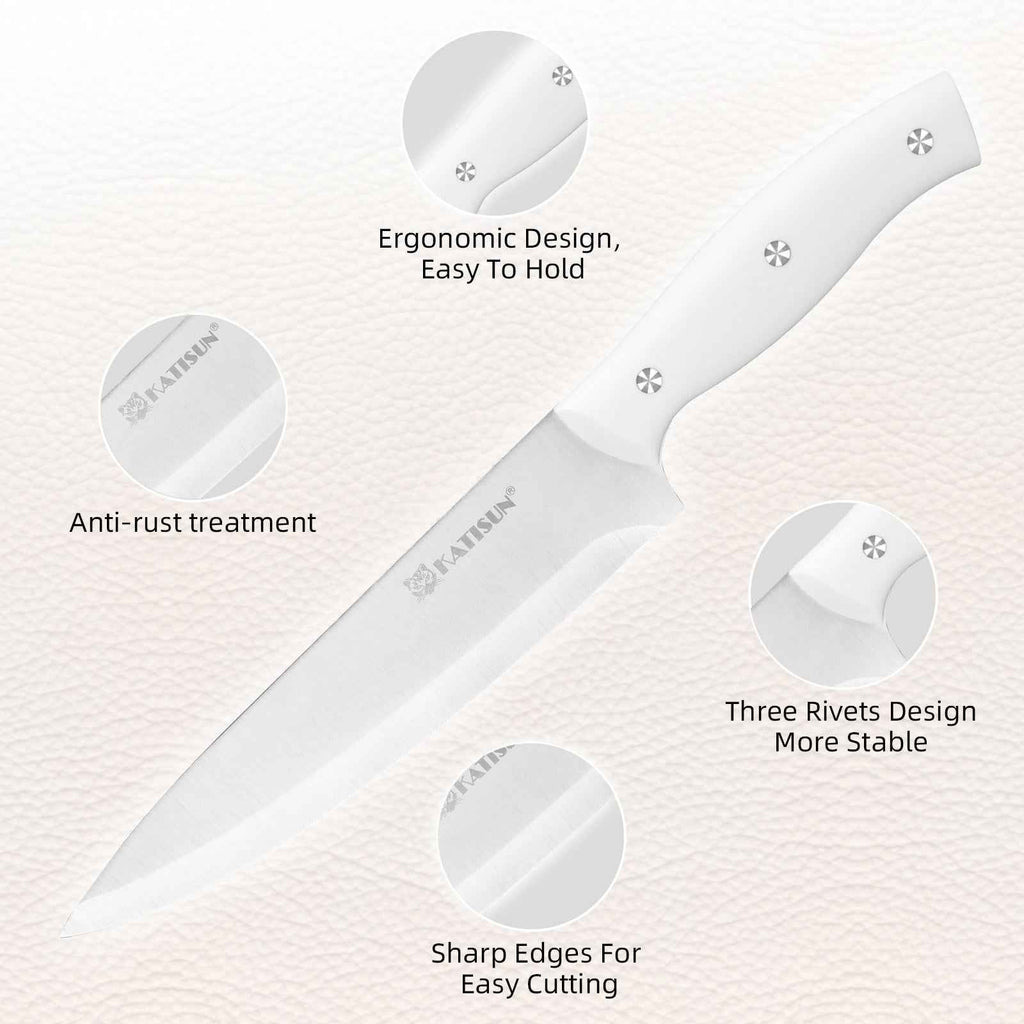 15 Pieces Of White Carbon Steel Blade Kitchen Knife Set, Equipped With A Genuine Wooden Frame, Internal Sharpener, And Kitchen Scissors