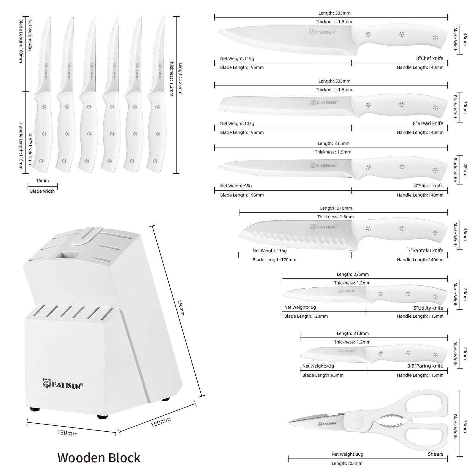 15 Pieces Of White Carbon Steel Blade Kitchen Knife Set, Equipped With A Genuine Wooden Frame, Internal Sharpener, And Kitchen Scissors
