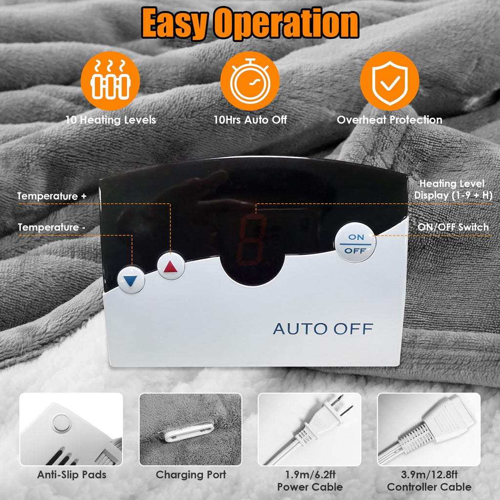 1Pc Electric Heated King Size Fleece Heated Blanket With Dual Controller 10 Heating Levels 10 Hours Auto Off Machine Washable For Home Office Usage 90x100in controller with display and settings