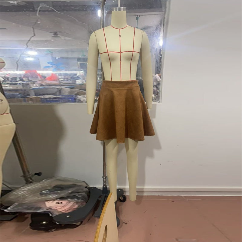 Suede-Look A-Line Mini Skirt High Waist Elastic Above-Knee Spring