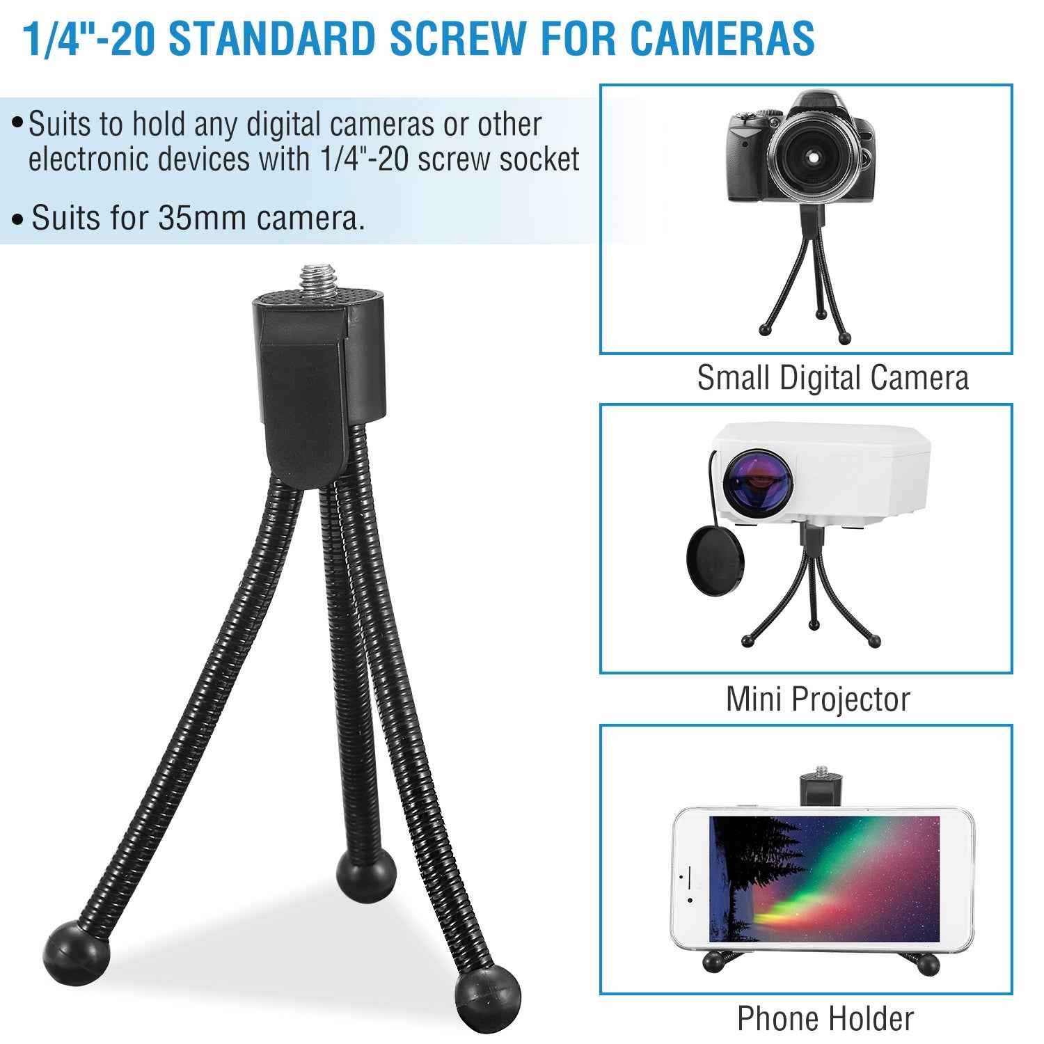 Flexible Mini Tripod Stand for Camera, Portable 1/4"-20 Screw Mount with Non-Slip Feet, Durable for DSLR, 35mm, and Compact Cameras