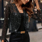 Women's Elegant Sequin Trim Cardigan, Cropped Open Front Blazer