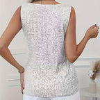 Women's Solid Color Sequin Sleeveless Top, V-Neck Sparkling Party Blouse For Casual And Evening Wear, back view.