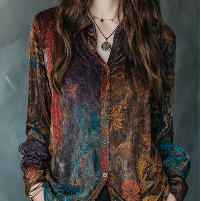 Women's Retro Boho Floral Shirt - Button Down Long Sleeve Blouse Top