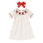 Baby Girl's Valentine's Day Dress Short Sleeve Red Heart Embroidery Dress With Headband Smocked Princess Party Dress