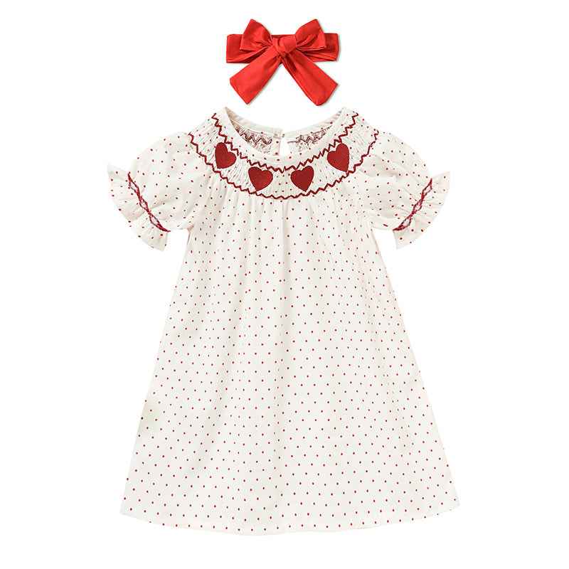 Baby Girl's Valentine's Day Dress Short Sleeve Red Heart Embroidery Dress With Headband Smocked Princess Party Dress