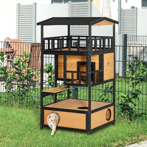 Wooden Outdoor Cat House, Wild Cat Shelter Kitten Tree Weatherproof