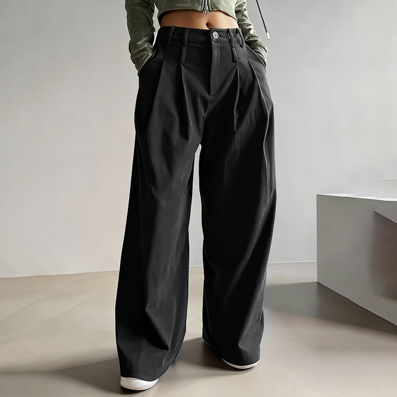 Women's Solid Color High-Waisted Pleated Pants with Pockets Wide Leg