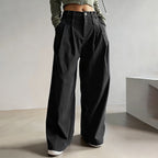 Women's Solid Color High-Waisted Pleated Pants with Pockets Wide Leg