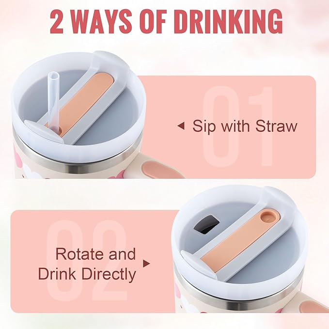 2 ways of drinking: sip with straw or rotate and drink directly from 40oz Insulated Stainless Steel Tumbler Handle Straw Lid.
