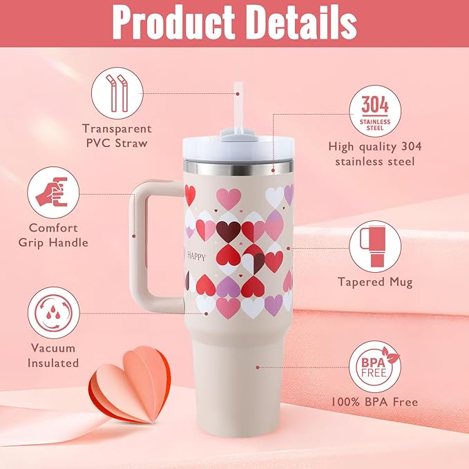 40oz Insulated Stainless Steel Tumbler Handle Straw Lid with handle, straw, and hearts design for premium hydration.