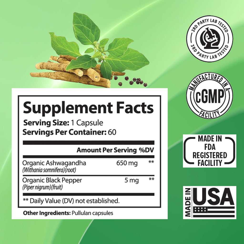 Ashwagandha Supplements Capsules Vegan Stress Relief Immune Support Supplement | Organic