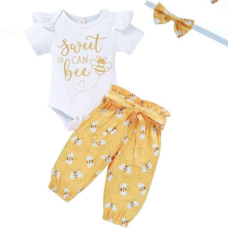 Infant Baby Girl Sweet Bee Outfits Letter Print Romper Honey Bees Pants Bowknot Headband Clothes Set Main image